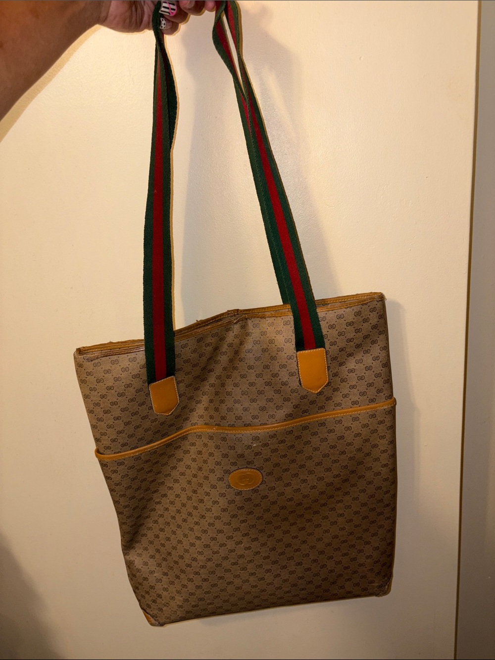 Gucci Beige Monogram Tote with Green and Red Striped Straps